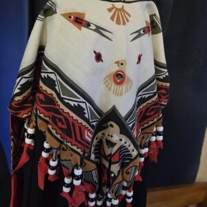 Triangle Shawl Wrap Southwestern Print Beaded Fringe  Boho Festival Western Vibe